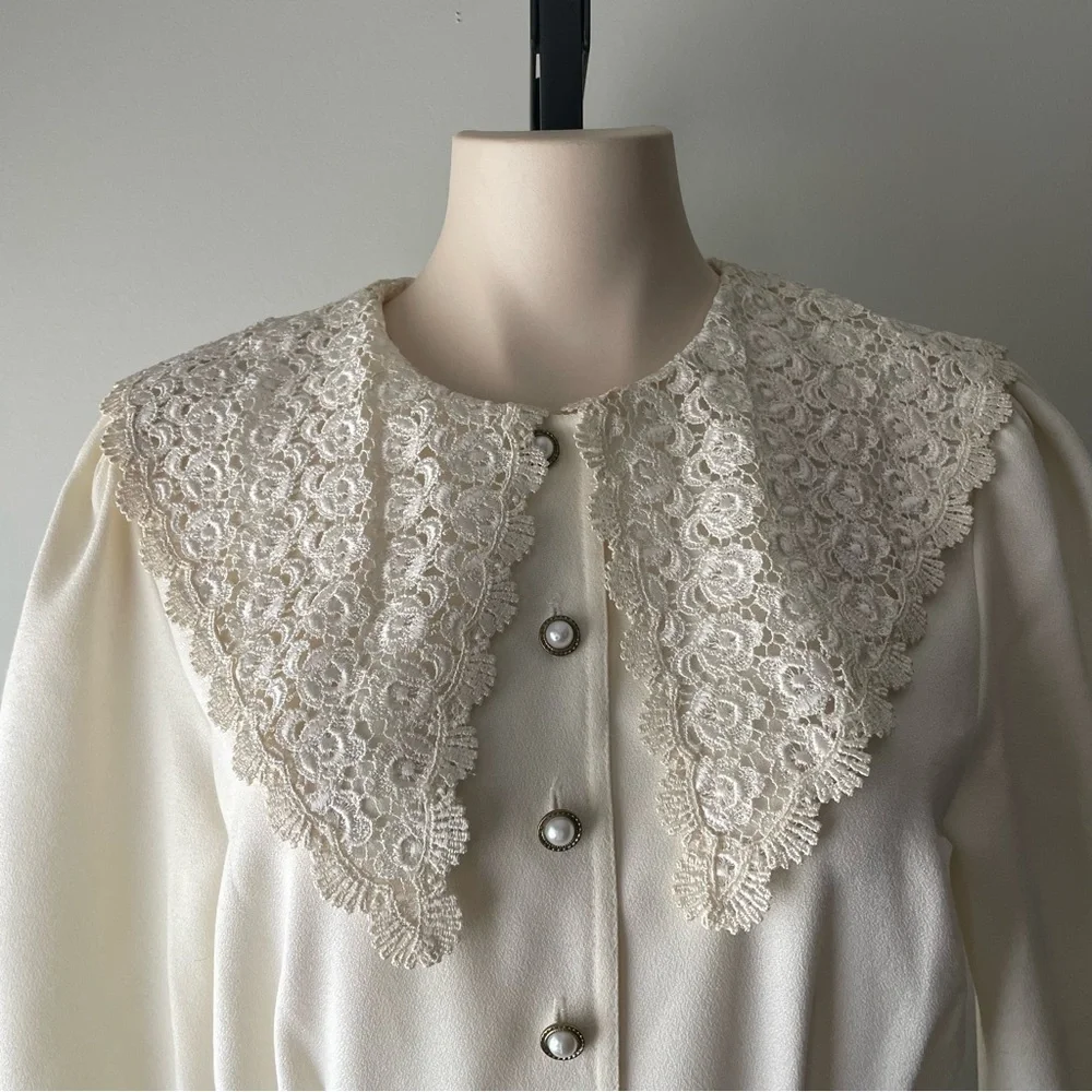 80s Vintage Missy First Montreal Lace Collar Modi Dress Button Down Cream Medium - Picture 3 of 13